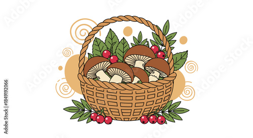 A charming illustration of a wicker basket filled with forest mushrooms and red berries, decorated with autumn leaves and swirls.
