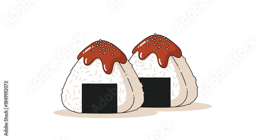 A cute cartoon illustration of two Japanese onigiri rice balls wrapped in nori seaweed and topped with savory teriyaki sauce.