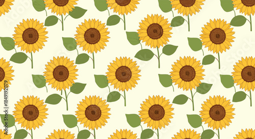 A bright and cheerful seamless floral pattern of hand-drawn yellow sunflowers with green leaves on a light yellow background.