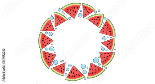 A refreshing summer circular frame made from juicy watermelon slices and fizzy blue bubbles, with copy space in the center.