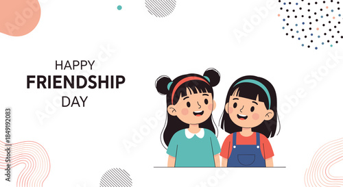 A sweet 'Happy Friendship Day' greeting card design featuring two cute cartoon girl friends with modern abstract background shapes.