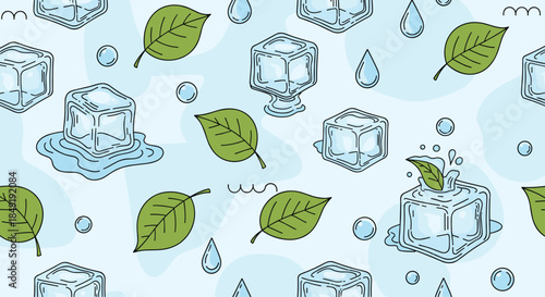 A refreshing seamless pattern of melting ice cubes, fresh green mint leaves, and water drops on a cool light blue background.