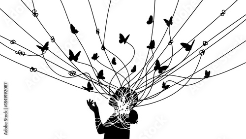 Little Girl Holding Butterfly Balloon Bouquet Illustration