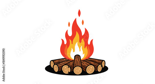 A bright and classic cartoon illustration of a warm and crackling campfire with burning logs, perfect for camping-themed designs.