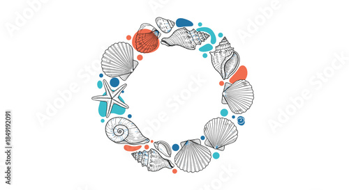 A creative circular frame or wreath made of hand-drawn seashells and starfish with colorful abstract shapes on a white background.
