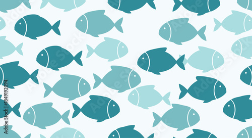 A simple and modern seamless pattern of stylized fish silhouettes swimming together in various shades of blue and green color.
