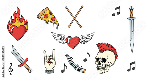 A cool set of colorful rock and roll and punk music themed tattoo-style doodles including a skull, swords, and pizza slices.