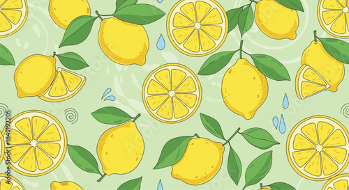 A refreshing and juicy seamless pattern of whole lemons, citrus slices, and green leaves with water splashes on a green background.