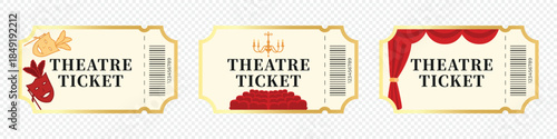 Vintage theatre ticket illustration, classic entrance pass design, isolated decorative performance ticket on transparent background