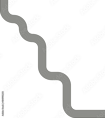 Striped path forming a maze aligned on a diagonal axis with wave continuity and curved routing.