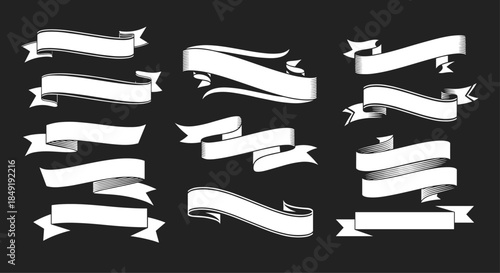 A large collection of various white ribbon banners in a classic, vintage style, set against a solid black background for text.