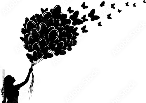 Little Girl Holding Butterfly Balloon Bouquet Illustration