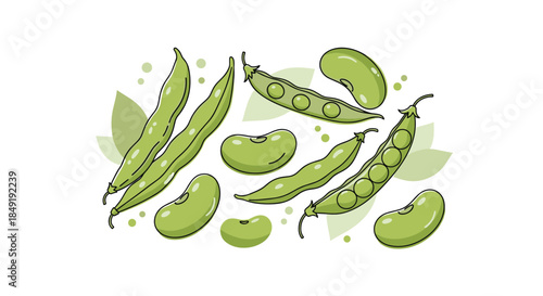 A healthy food illustration of fresh green beans and peas, shown both in pods and shelled, with decorative green leaves.
