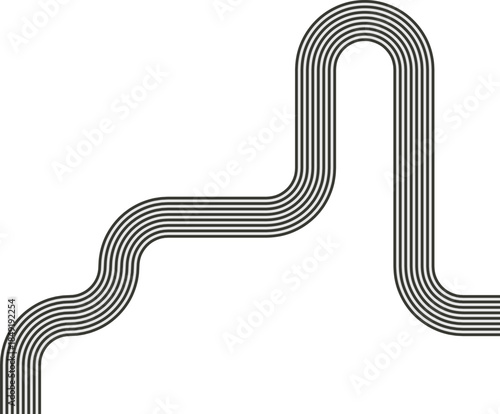 Striped path following an uneven route with wave motion and curved direction changes.