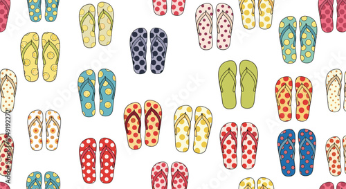 A fun and colorful seamless pattern of various summer flip-flop sandals decorated with classic polka dot patterns on white.