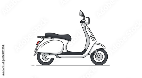 A clean and modern line art illustration of a classic white motor scooter, viewed from the side, isolated on a white background.