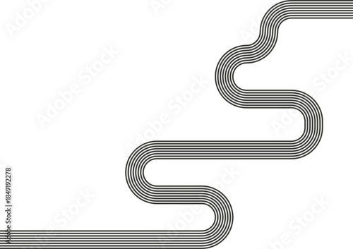 Striped path forming an extended labyrinth with zigzag routing and directional flow.