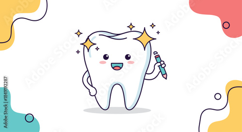A happy and sparkling cartoon tooth character holding a dental tool, framed by modern, colorful abstract shapes and lines.