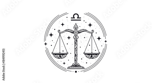Elegant black and white illustration of the Libra zodiac sign featuring ornate scales within a celestial circle of stars.