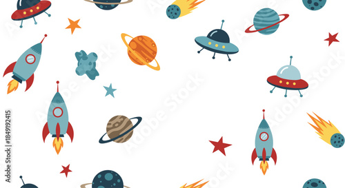 Cute children's seamless space pattern with cartoon rockets, planets, UFOs, and stars on a white background, perfect for kids.