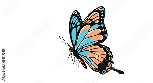 Beautiful hand-drawn butterfly with vibrant blue and orange wings in a classic tattoo style, isolated on a white background.