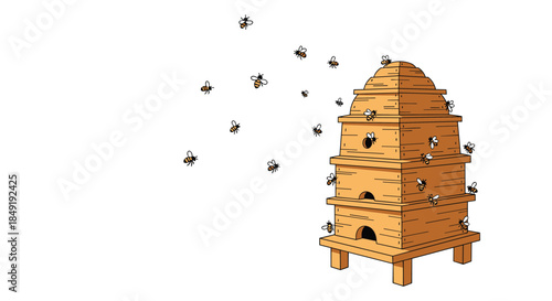 Cartoon illustration of a wooden beehive with a swarm of honey bees flying around it, isolated on a white background with copy space.