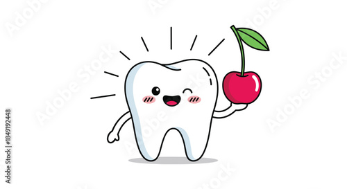 Cute kawaii tooth character with a happy winking face holding a fresh red cherry, promoting dental health and healthy eating.