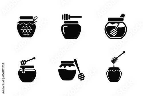 Honey jars and dippers icons set