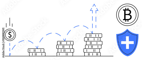 Financial growth, digital currency, investment, savings, wealth protection, financial stability. Stacks of coins with rising arrows, Bitcoin symbol security shield. Financial growth and digital