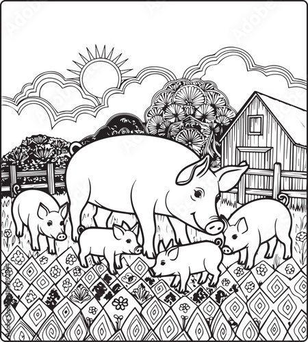 Cute pig with beautiful pattern detailed vector outline illustration coloring page for adults and children