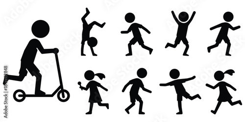 Stickman children playing set, Kids activity silhouette pack, Child play action figures