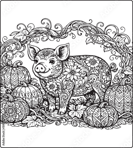 Cute pig with beautiful pattern detailed vector outline illustration coloring page for adults and children