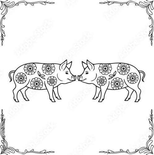 Cute pig with beautiful pattern detailed vector outline illustration coloring page for adults and children