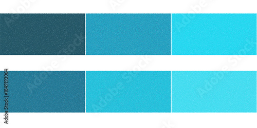 A visual representation of six distinct blue and teal color swatches arranged in two horizontal rows, showcasing a gradient from dark to light.