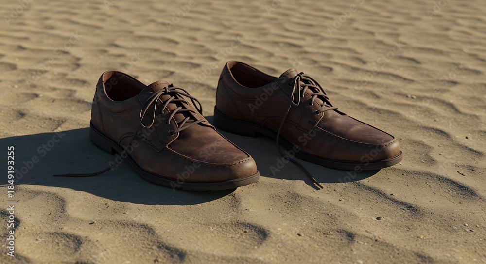 Fototapeta premium brown leather shoes on sandy beach
