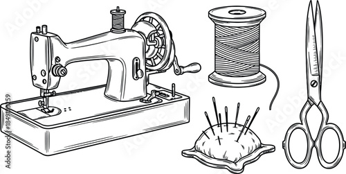 Line art vector set of 4 sewing tools vintage sewing machine thread spool needle cushion and scissors