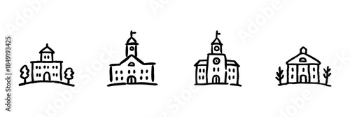 School Building Line Icon Set In Doodle Style. Educational Institution, Learning Center, And Academic Facility Outline Sketch Collection. Hand Drawn Isolated Vector Illustration