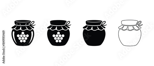 Vector honey jar icon set with honeycomb silhouette collection