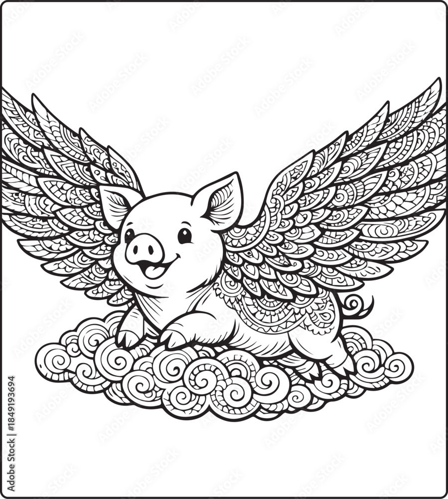 Fototapeta premium Cute pig with beautiful pattern detailed vector outline illustration coloring page for adults and children