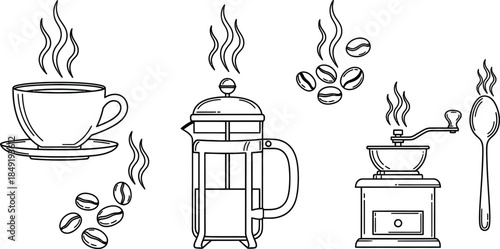 Line art vector set of 5 coffee items steaming cup french press coffee beans grinder and spoon