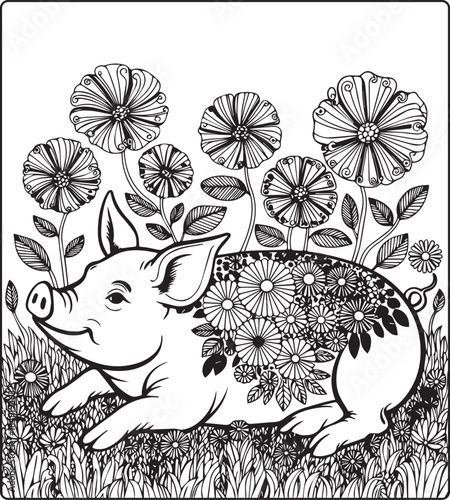 Cute pig with beautiful pattern detailed vector outline illustration coloring page for adults and children