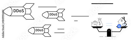 DDoS attacks. DDoS threats as missiles targeting systems, digital security risks. DDoS leading to financial instability, system downtime, and data loss. For tech, finance, risk analysis IT education
