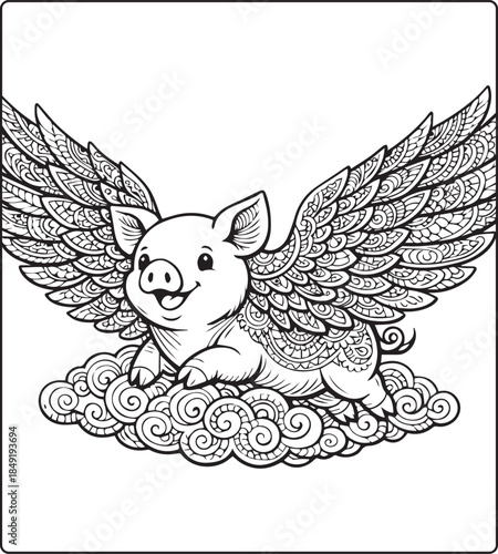 Cute pig with beautiful pattern detailed vector outline illustration coloring page for adults and children