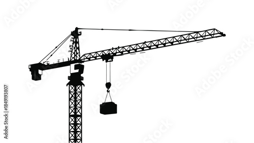 Industrial construction crane with hook block and boom on white background, heavy industry equipment, engineering and building concept