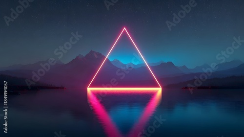 Neon Triangle Illuminates Serene Landscape with Mountainous Backdrop and Water Reflection.