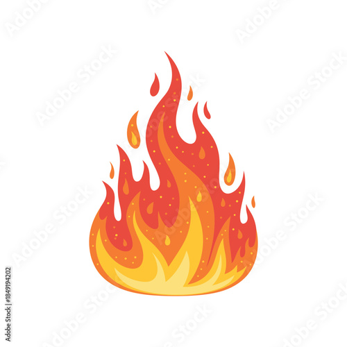 A vibrant illustration depicts a stylized fire with flowing orange and yellow flames creating a dynamic visual representation of heat and energy