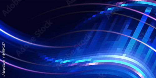 Futuristic glowing night cityscape on dark blue background with lighting effect and sparkle. City landscape. Vector illustration