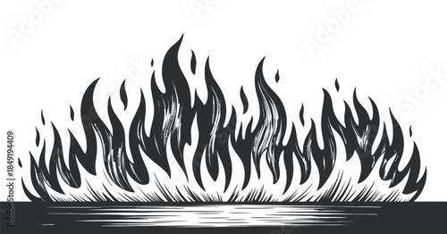A dramatic black and white illustration depicts a stylized fire with flickering flames rising above a dark reflective surface creating a striking visual contrast