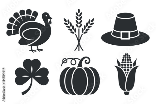 a collection of autumnal symbols including a turkey wheat stalks pilgrim hat pumpkin corn clover and decorative swirls in black silhouette style