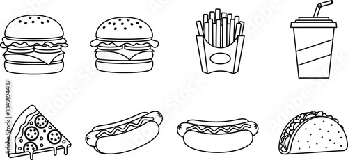 Line art vector set of 6 fast food icons burger fries drink cup pizza slice hot dog and taco